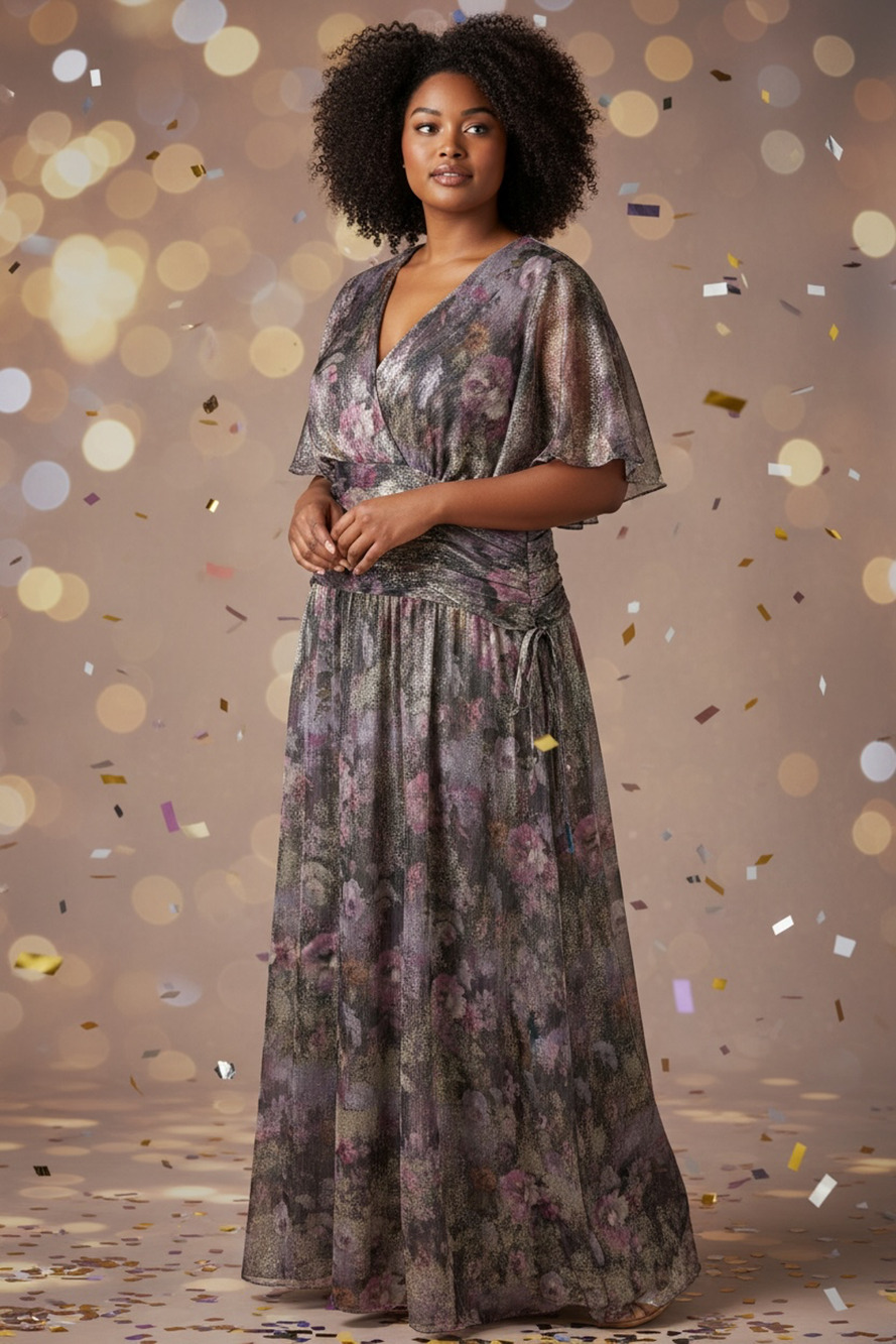SL Fashions NEW Printed Metallic Surplice Long Maxi Dress Size 24W Holiday Event